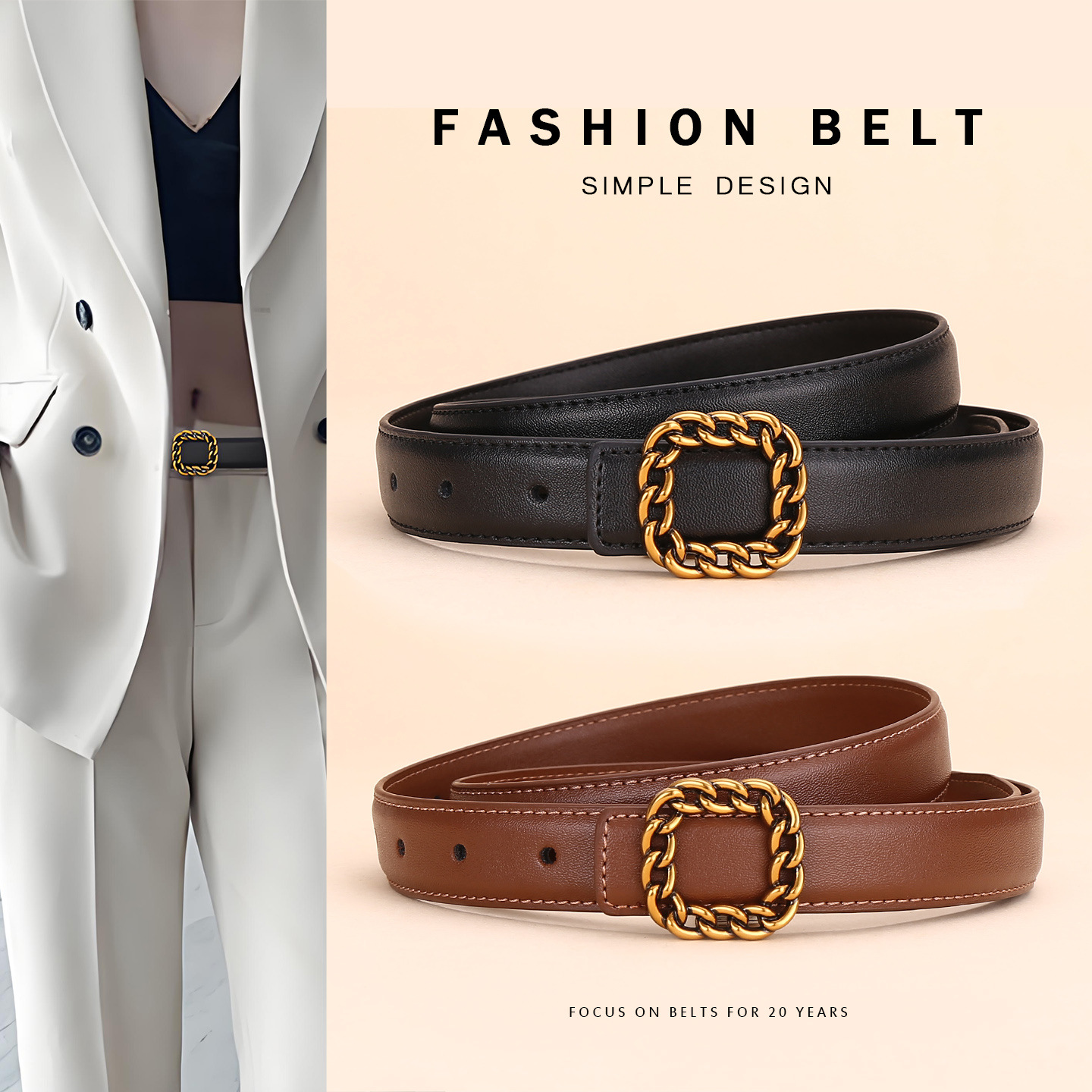 Vintage Fashion Look - Ceinture en cuir vintage à boucle